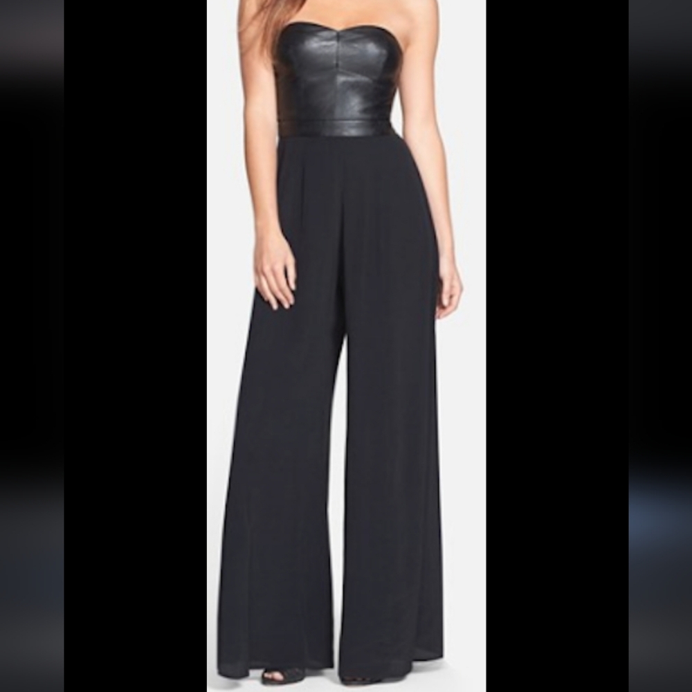Faux Leather & Polyester Black Strapless Jumpsuit